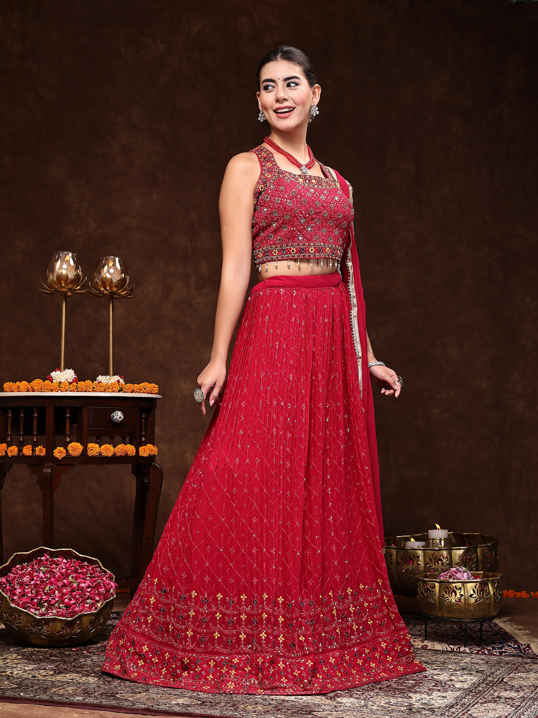 Magenta Embroidered Georgette Lehenga &amp; Blouse With Dupatta