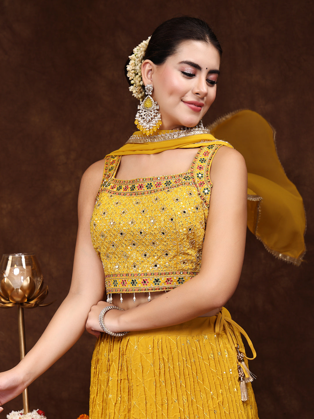 Mustard Embroidered Georgette Lehenga &amp; Blouse With Dupatta