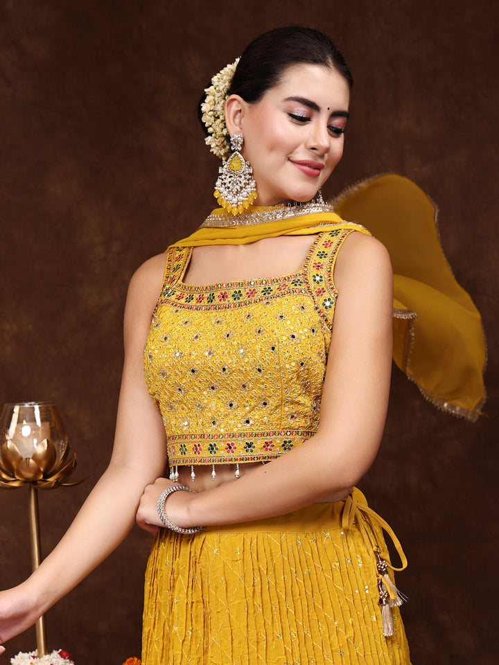 Mustard Embroidered Georgette Lehenga &amp; Blouse With Dupatta