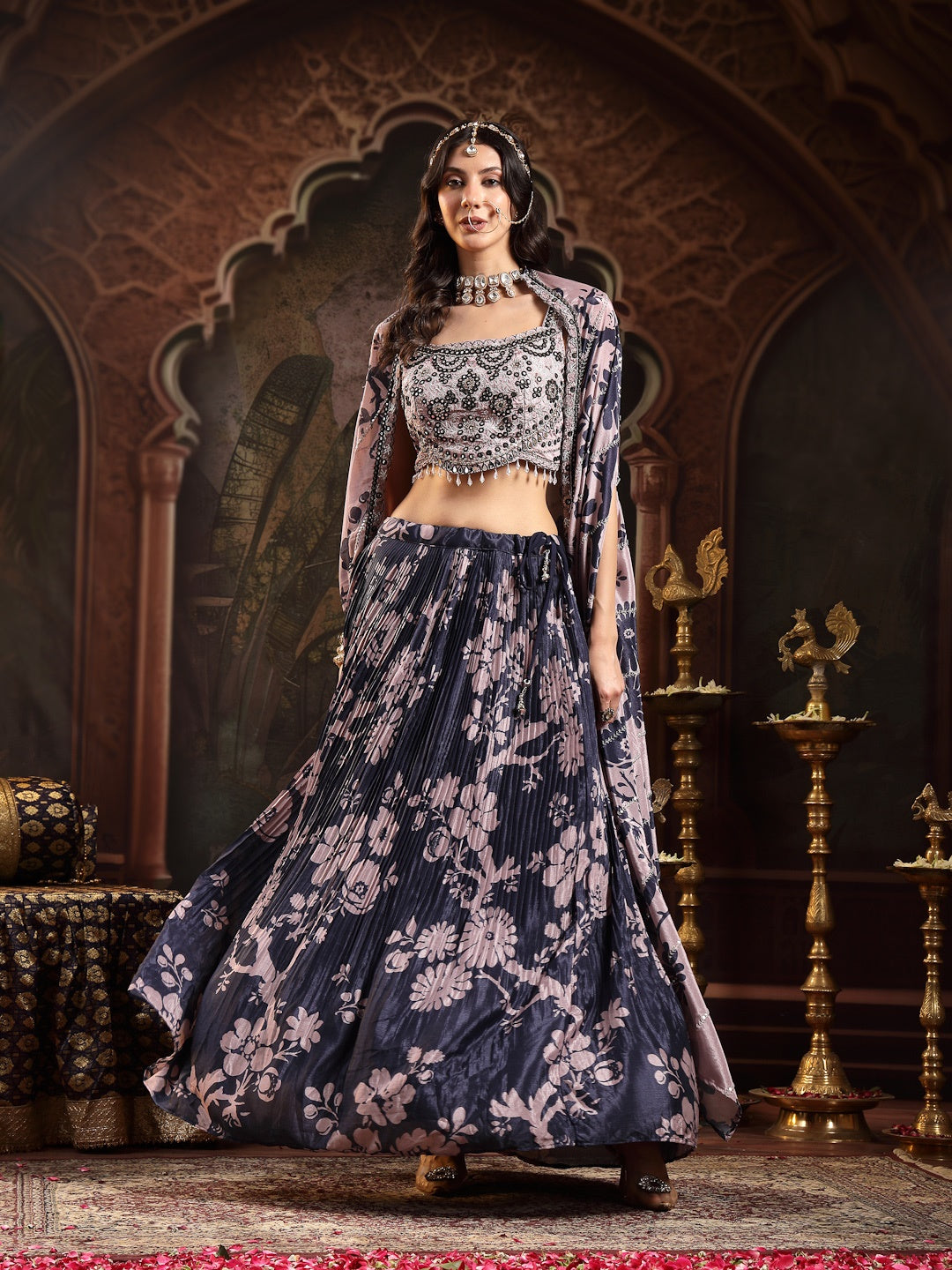 Navy Floral Printed &amp; Embroidered Chinon Lehenga Choli With Shrug