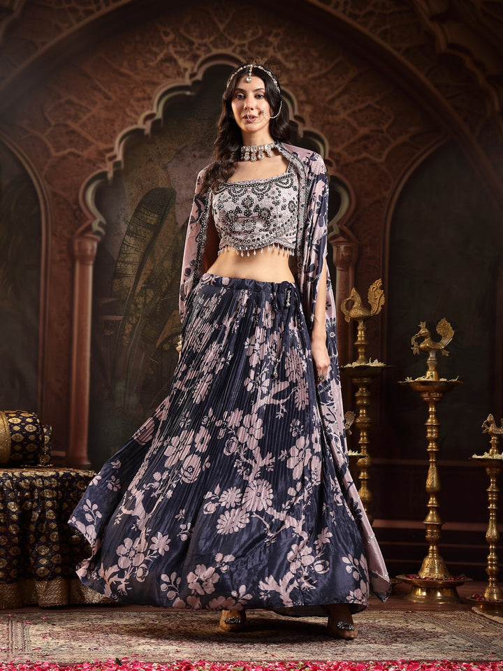 Navy Floral Printed &amp; Embroidered Chinon Lehenga Choli With Shrug