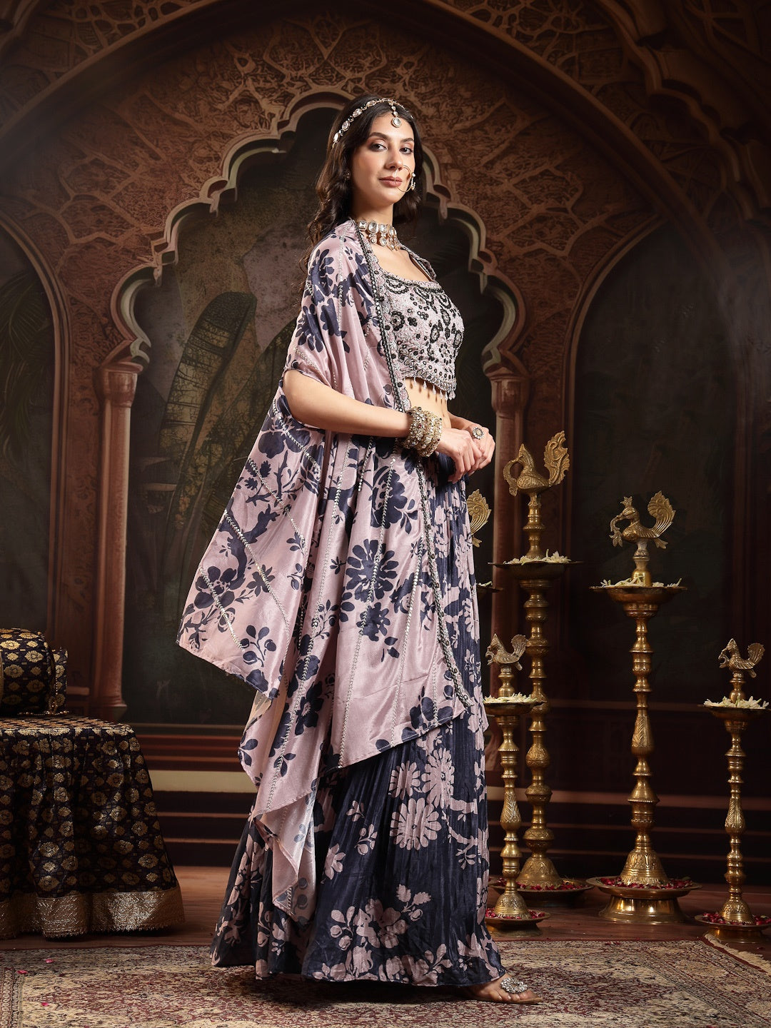 Navy Floral Printed &amp; Embroidered Chinon Lehenga Choli With Shrug