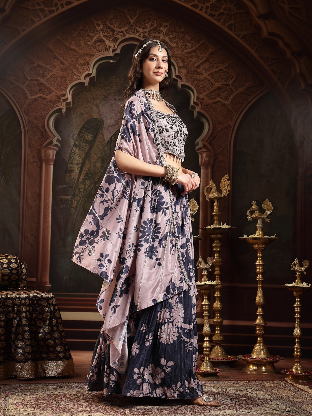 Navy Floral Printed & Embroidered Chinon Lehenga Choli With Shrug