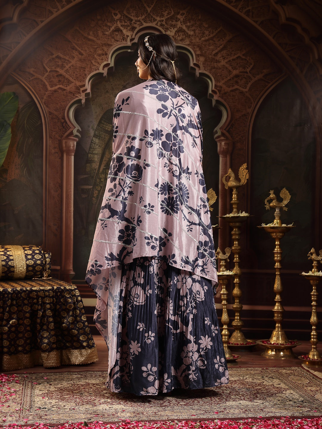 Navy Floral Printed &amp; Embroidered Chinon Lehenga Choli With Shrug