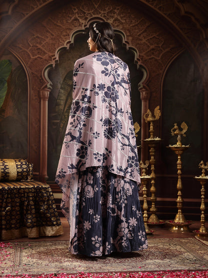 Navy Floral Printed & Embroidered Chinon Lehenga Choli With Shrug