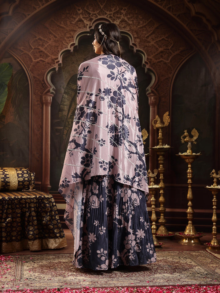 Navy Floral Printed &amp; Embroidered Chinon Lehenga Choli With Shrug