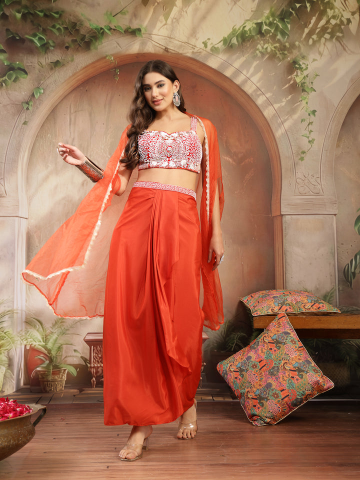Solid &amp; Embroidered Silk Draped Lehenga Choli With Shrug