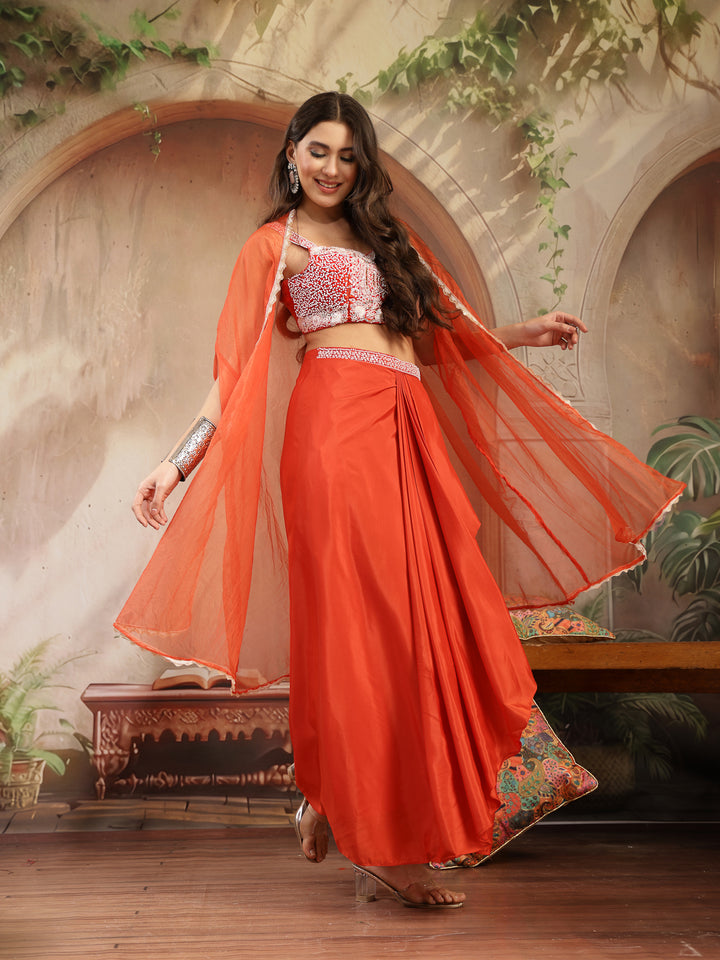 Solid &amp; Embroidered Silk Draped Lehenga Choli With Shrug