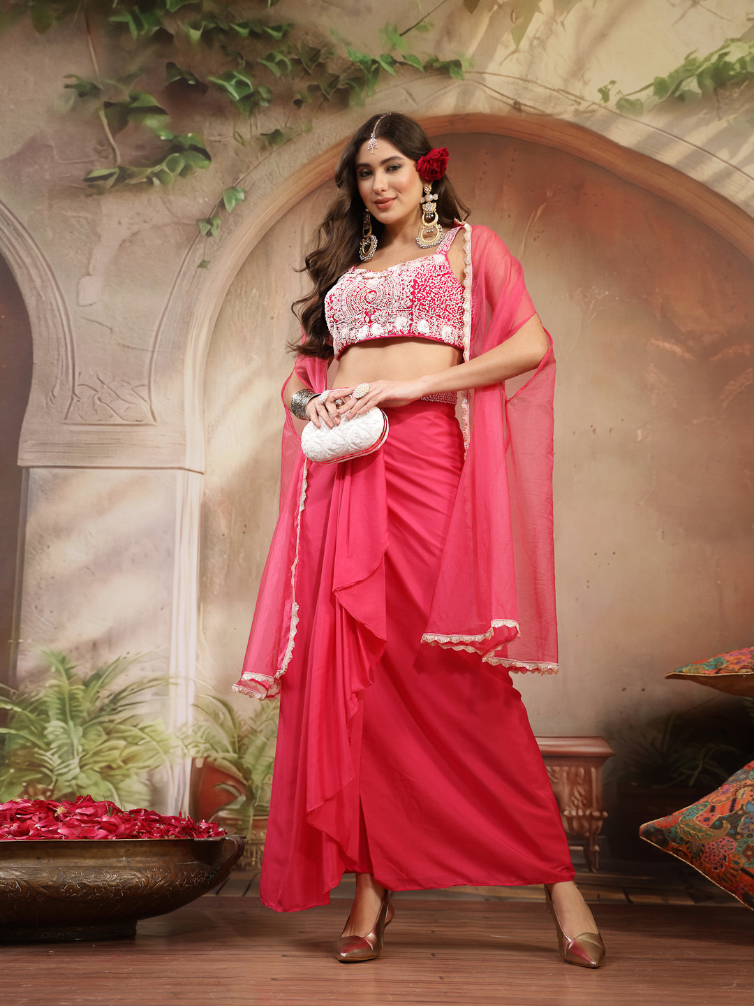 Solid &amp; Embroidered Silk Draped Lehenga Choli With Shrug