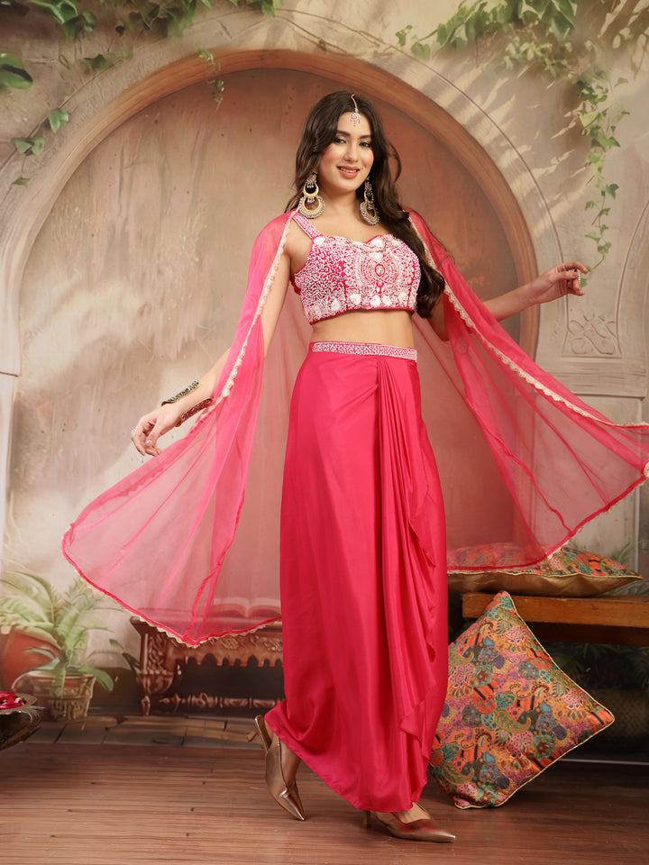 Solid &amp; Embroidered Silk Draped Lehenga Choli With Shrug