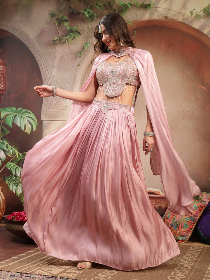 Solid &amp; Embroidered Silk Lehenga Choli With Cape Dupatta