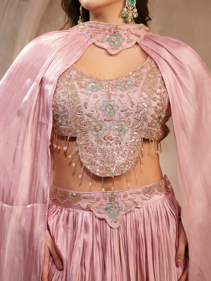 Solid & Embroidered Silk Lehenga Choli With Cape Dupatta