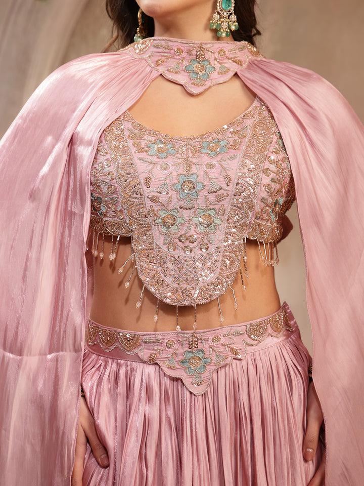 Solid &amp; Embroidered Silk Lehenga Choli With Cape Dupatta