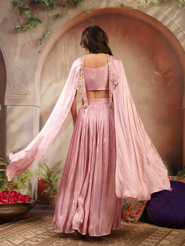 Solid &amp; Embroidered Silk Lehenga Choli With Cape Dupatta