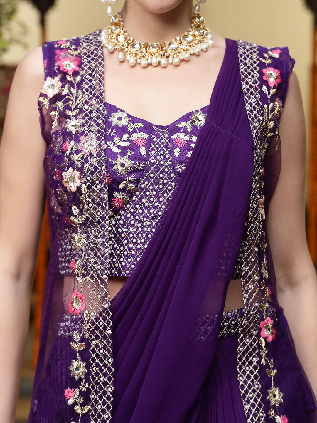 Purple Printed &amp; Embroidered Georgette Draped Lehenga Saree &amp; Blouse with Shrug