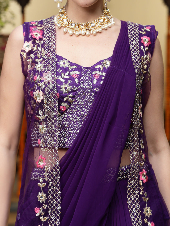 Purple Printed &amp; Embroidered Georgette Draped Lehenga Saree &amp; Blouse with Shrug