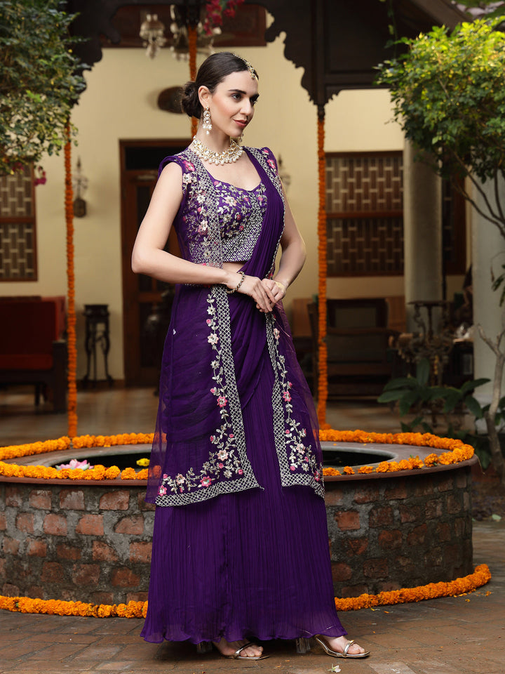 Purple Printed &amp; Embroidered Georgette Draped Lehenga Saree &amp; Blouse with Shrug