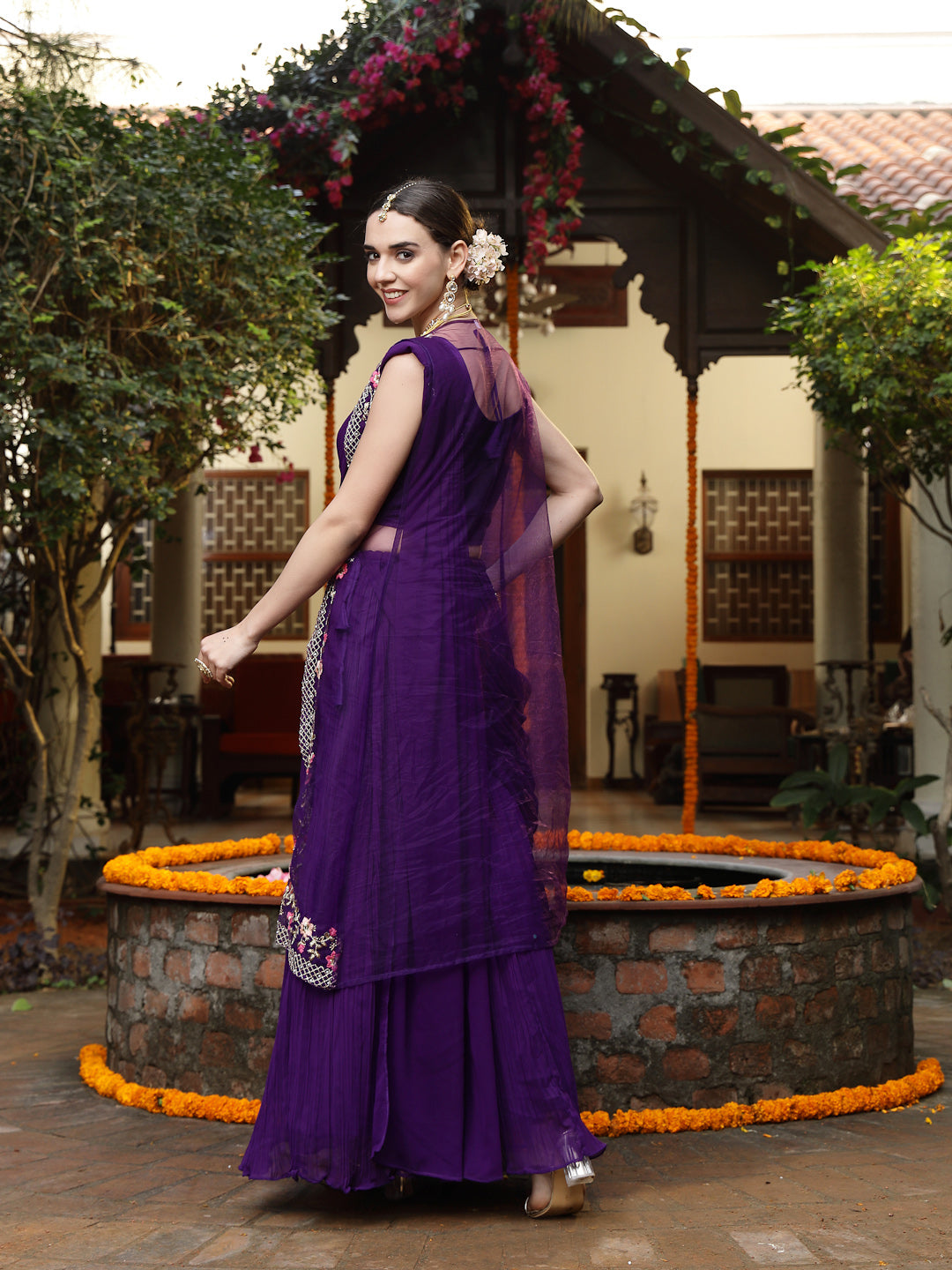 Purple Printed &amp; Embroidered Georgette Draped Lehenga Saree &amp; Blouse with Shrug