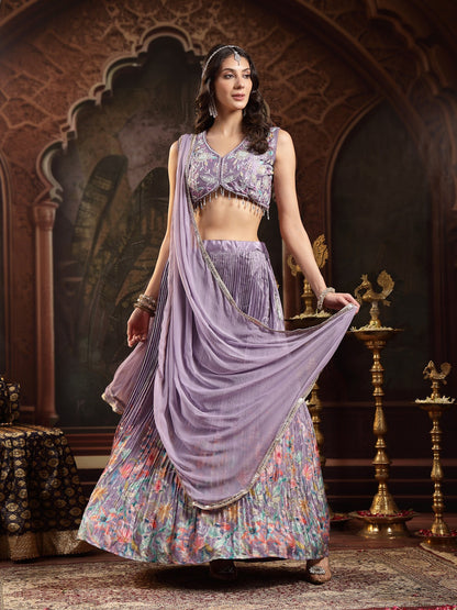 Purple Floral Printed & Embroidered Silk Blend Lehenga Choli With Dupatta