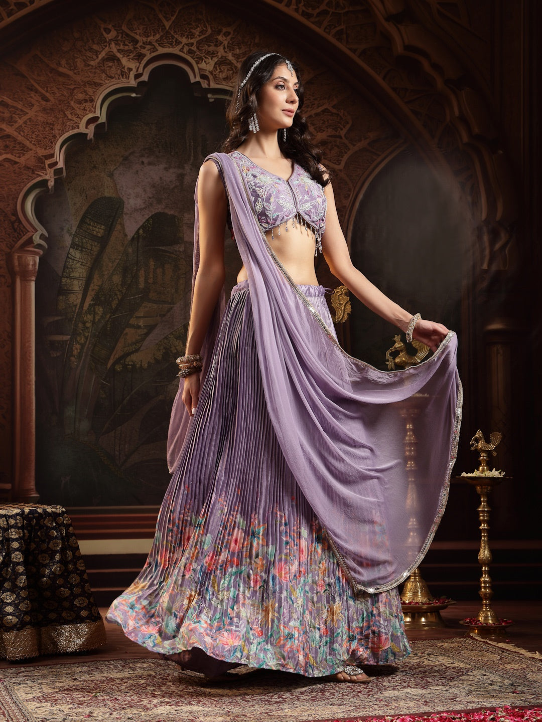 Purple Floral Printed &amp; Embroidered Silk Blend Lehenga Choli With Dupatta