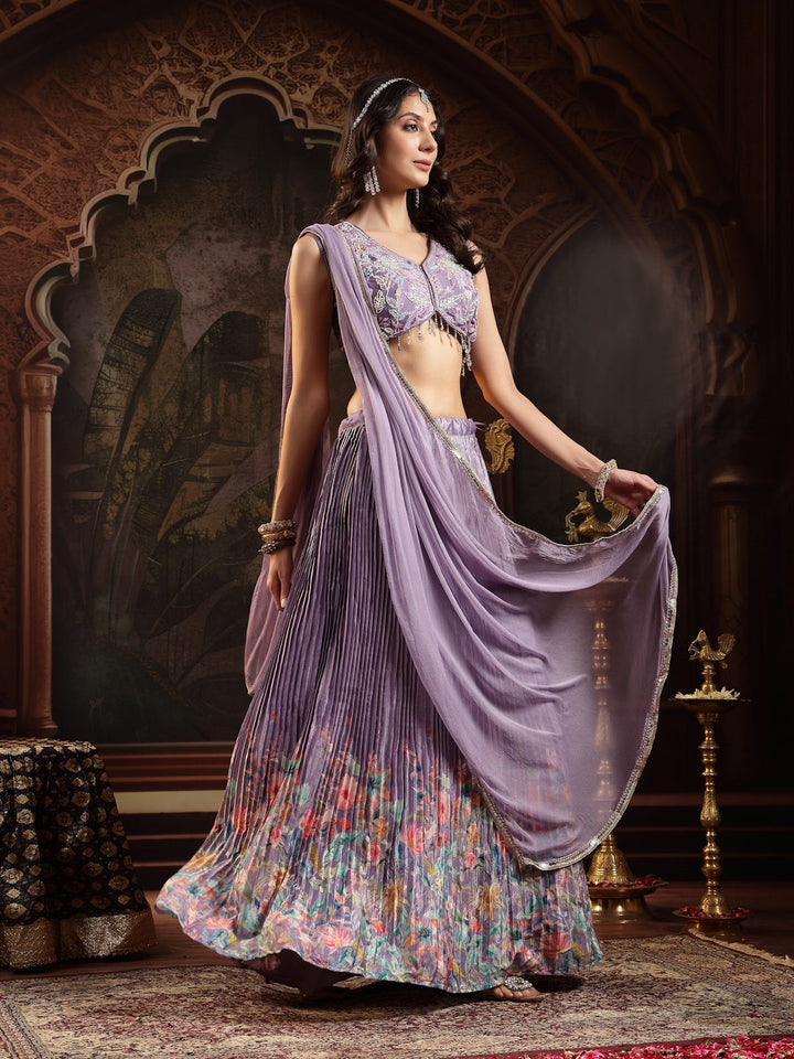 Purple Floral Printed &amp; Embroidered Silk Blend Lehenga Choli With Dupatta