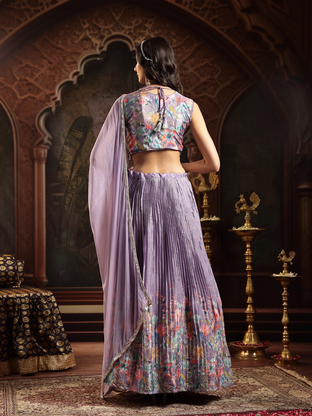 Purple Floral Printed &amp; Embroidered Silk Blend Lehenga Choli With Dupatta