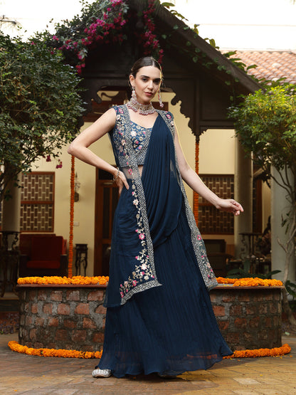 Teal Printed & Embroidered Georgette Draped Lehenga Saree & Blouse with Shrug (Pre-Order)