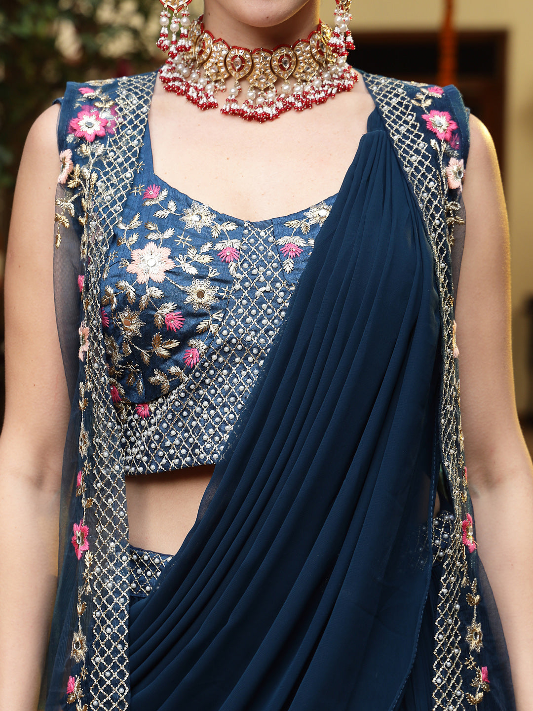 Teal Printed &amp; Embroidered Georgette Draped Lehenga Saree &amp; Blouse with Shrug