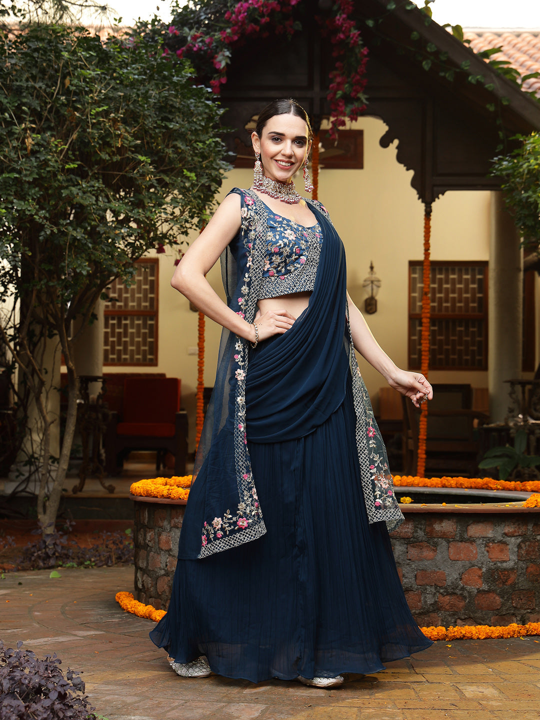Teal Printed &amp; Embroidered Georgette Draped Lehenga Saree &amp; Blouse with Shrug