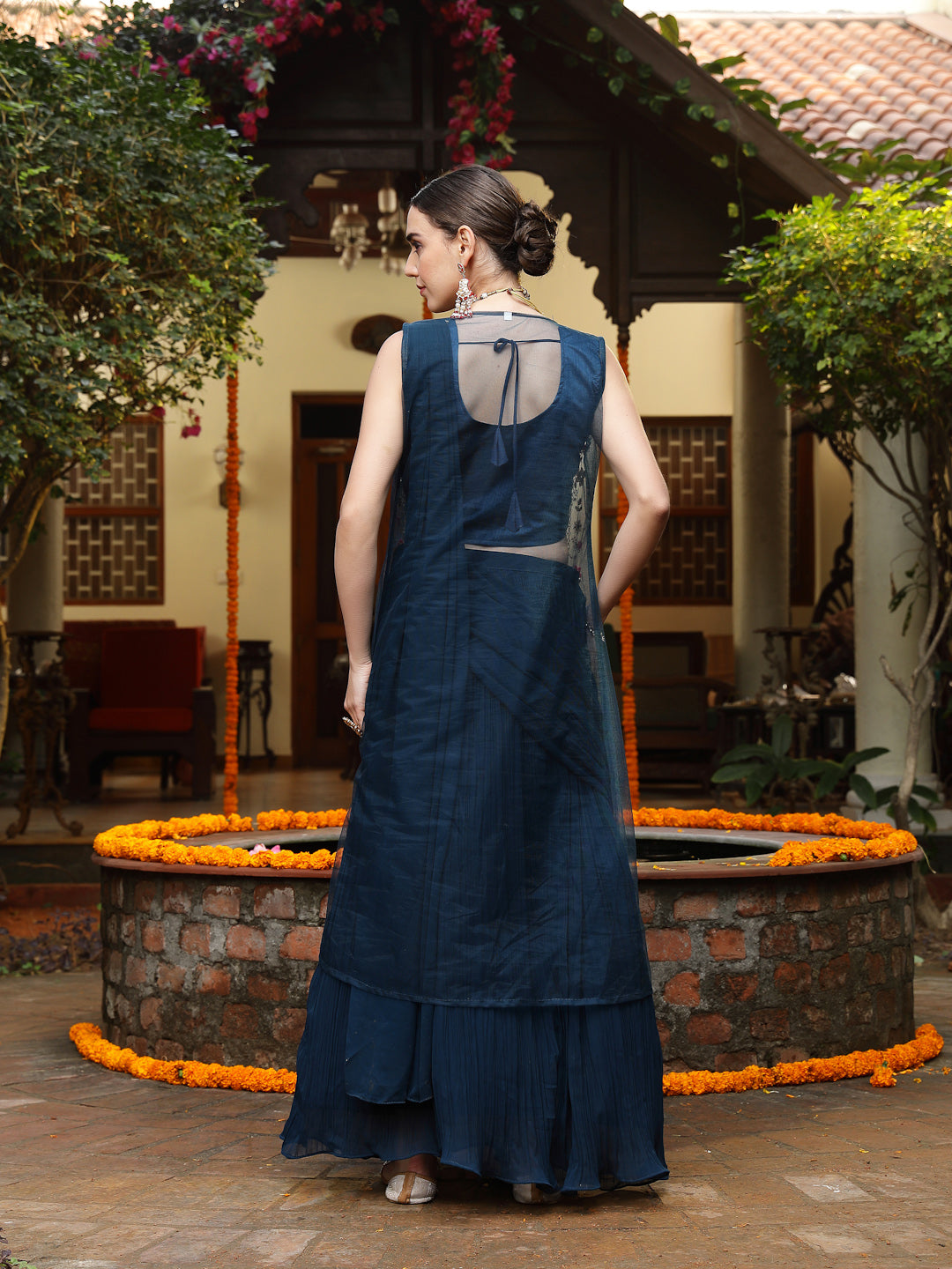 Teal Printed & Embroidered Georgette Draped Lehenga Saree & Blouse with Shrug (Pre-Order)