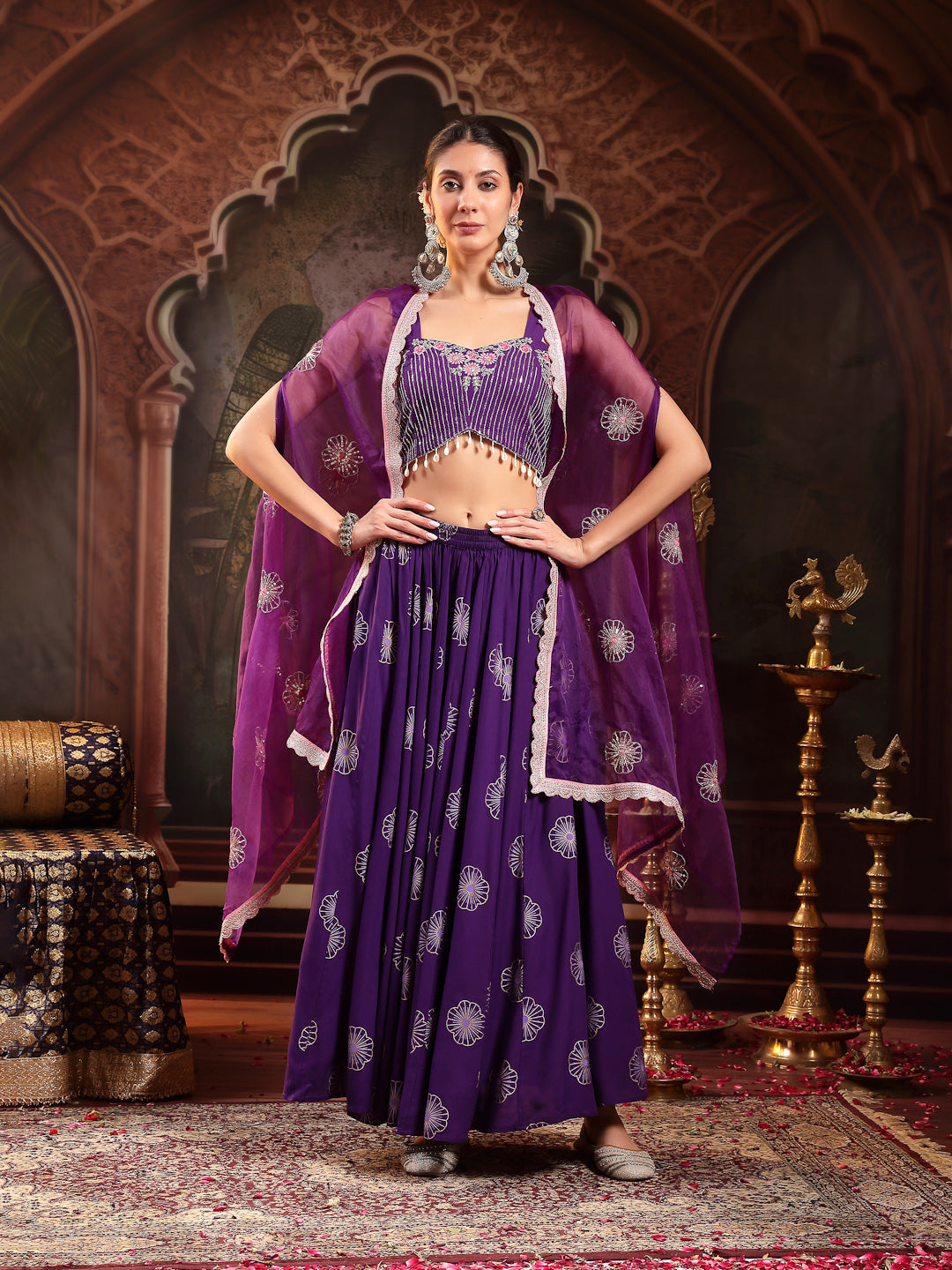 Violet Embroidered Rayon Lehenga Choli With Shrug