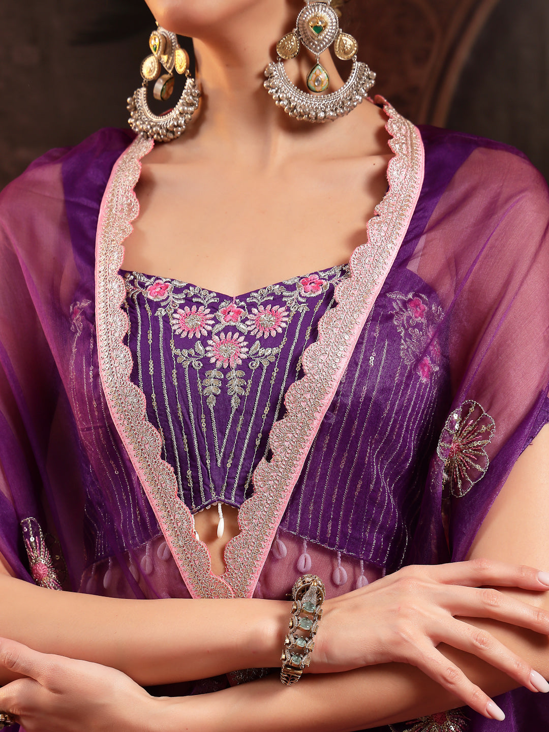 Violet Embroidered Rayon Lehenga Choli With Shrug