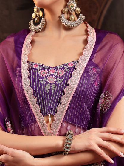 Violet Embroidered Rayon Lehenga Choli With Shrug