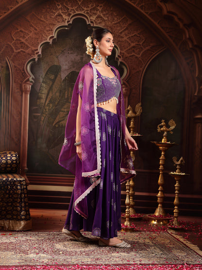 Violet Embroidered Rayon Lehenga Choli With Shrug