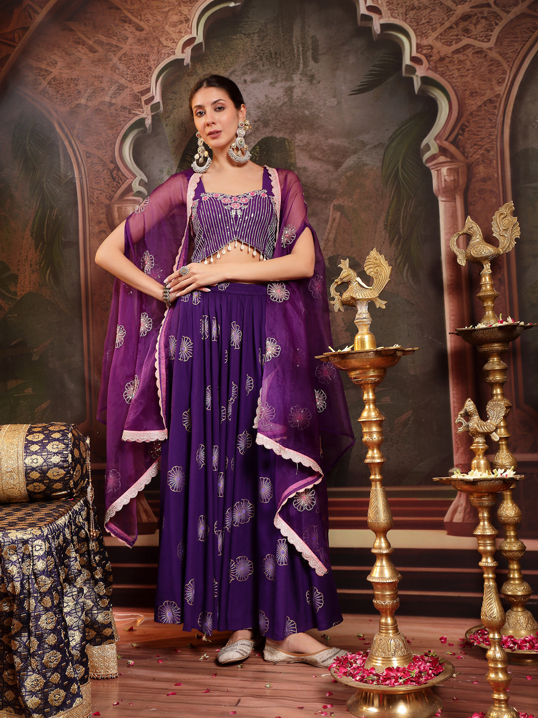 Violet Embroidered Rayon Lehenga Choli With Shrug