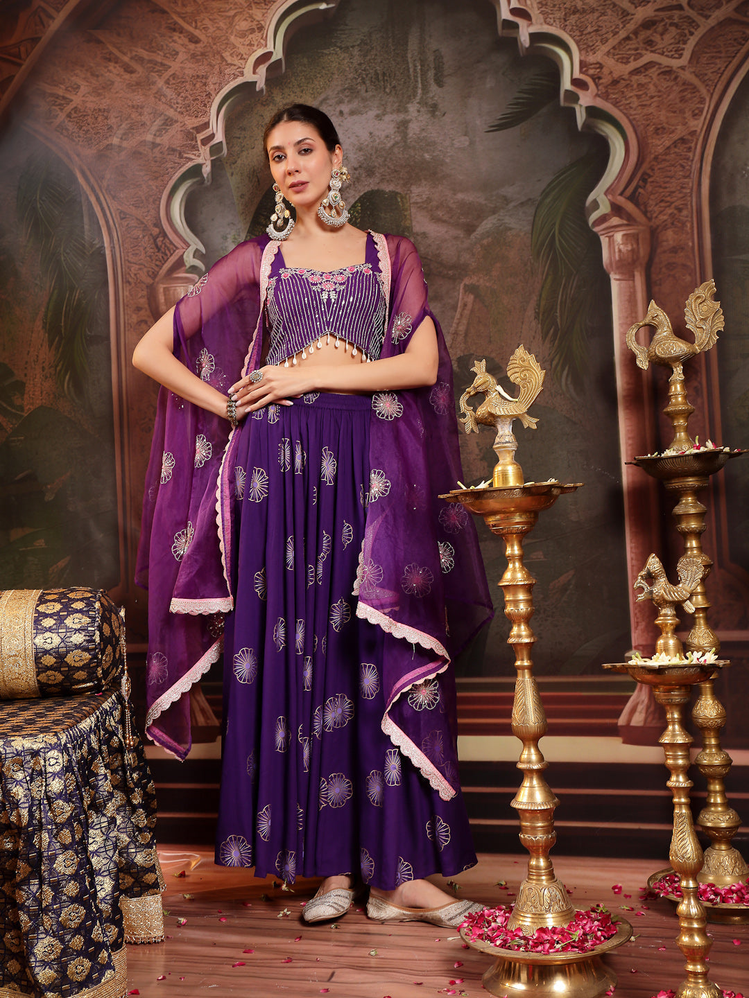 Violet Embroidered Rayon Lehenga Choli With Shrug (Pre-Order)
