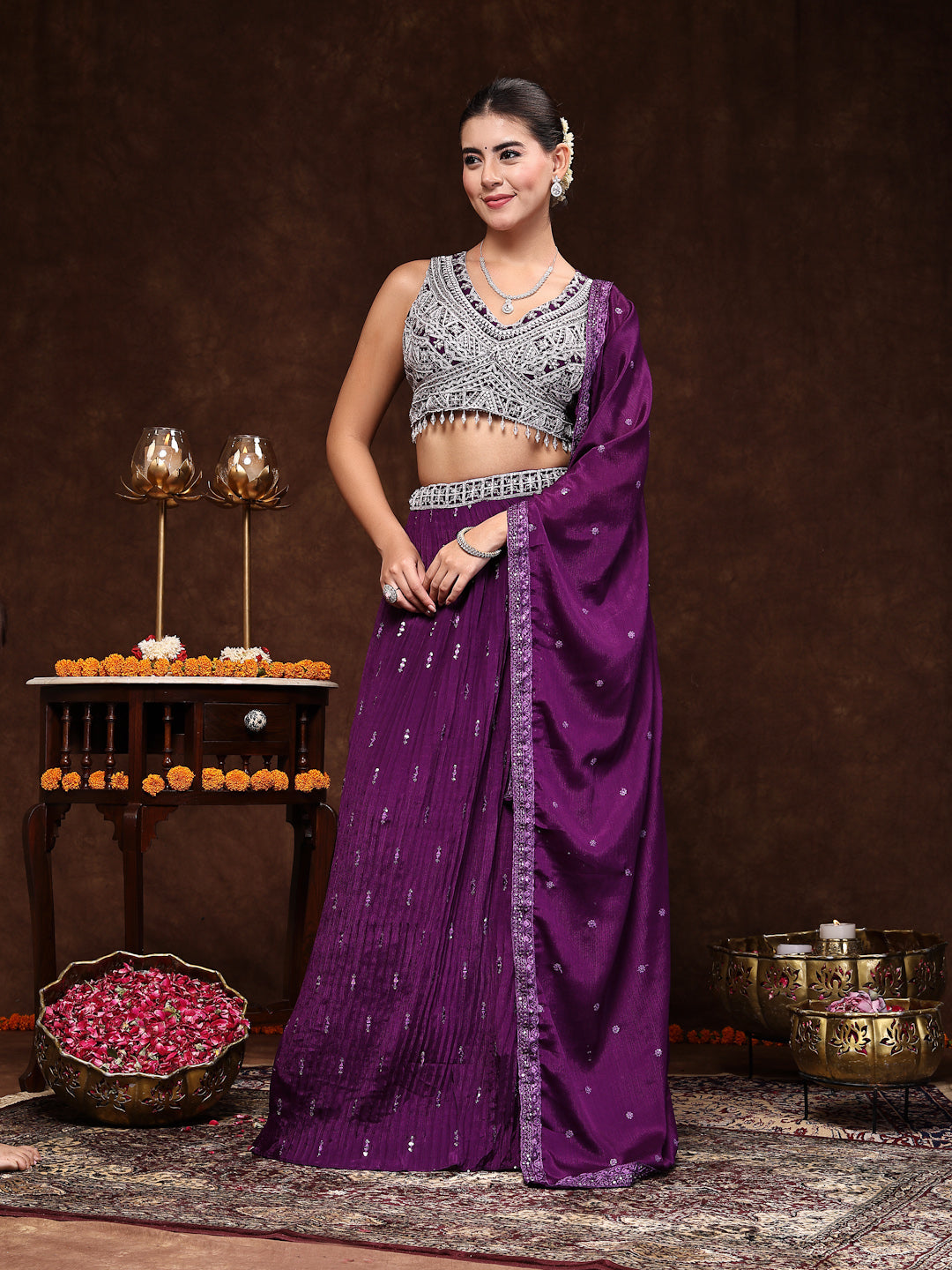Violet Embroidered Georgette Lehenga &amp; Blouse With Dupatta