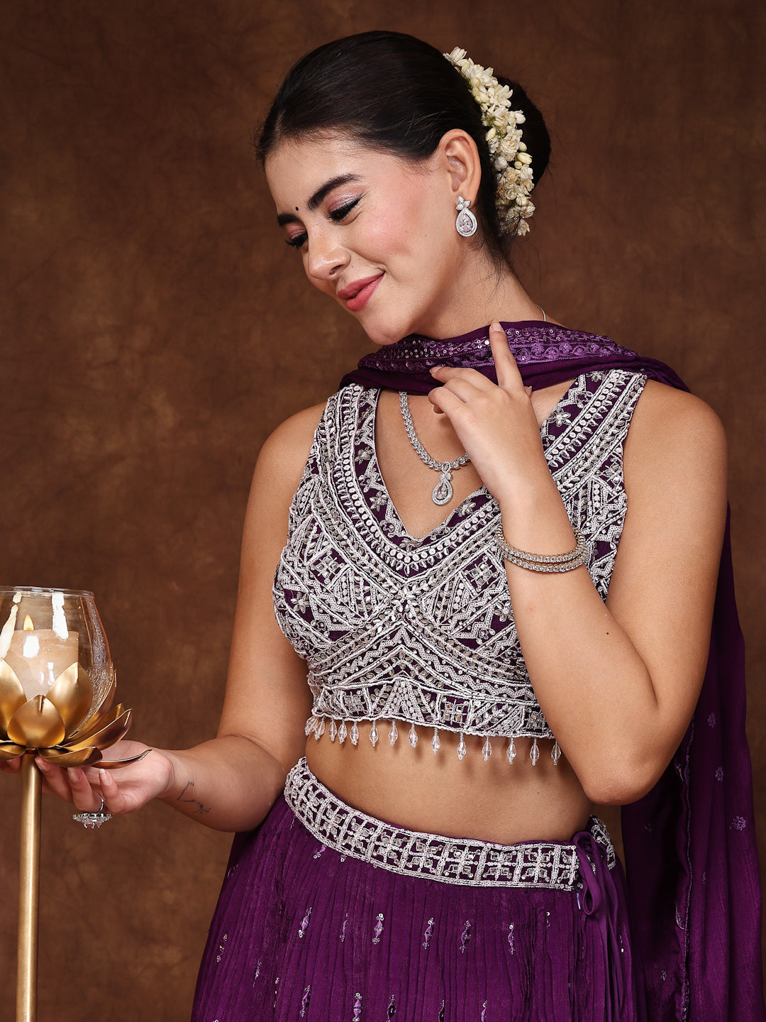 Violet Embroidered Georgette Lehenga &amp; Blouse With Dupatta