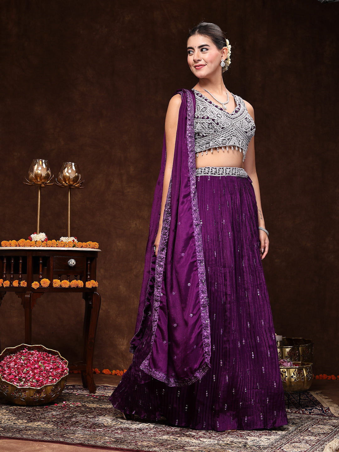 Violet Embroidered Georgette Lehenga &amp; Blouse With Dupatta