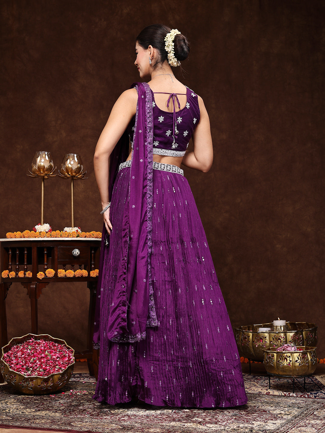 Violet Embroidered Georgette Lehenga &amp; Blouse With Dupatta