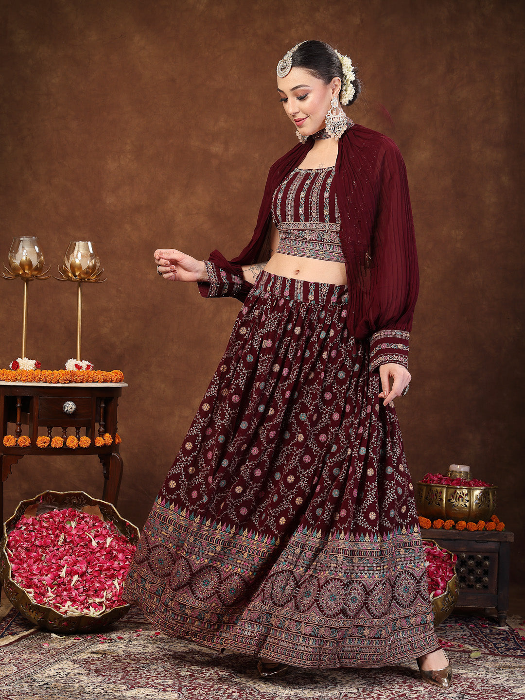 Wine Ethnic Motif Printed Georgette Lehenga &amp; Blouse