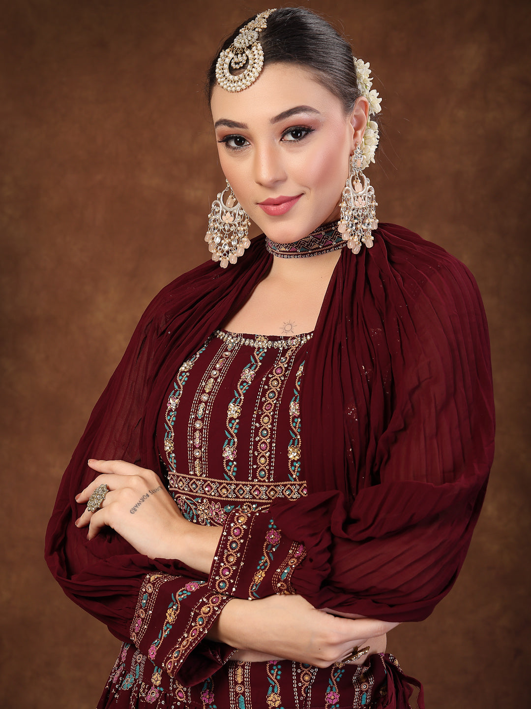 Wine Ethnic Motif Printed Georgette Lehenga &amp; Blouse