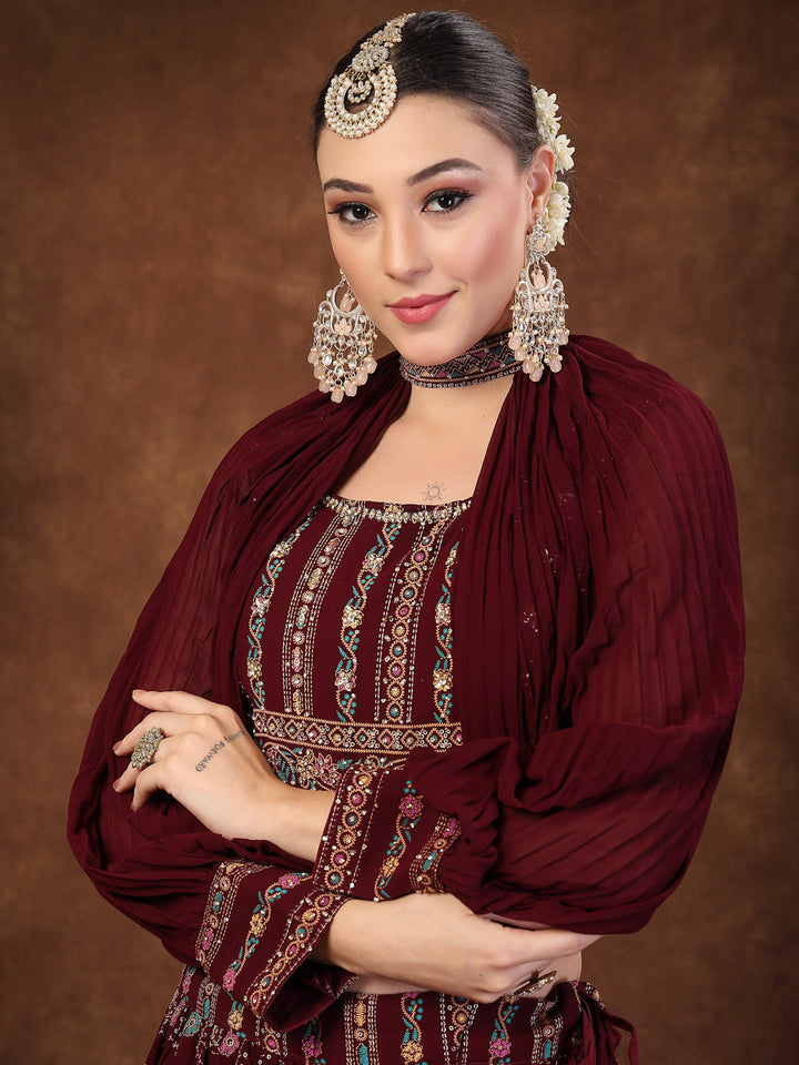 Wine Ethnic Motif Printed Georgette Lehenga &amp; Blouse