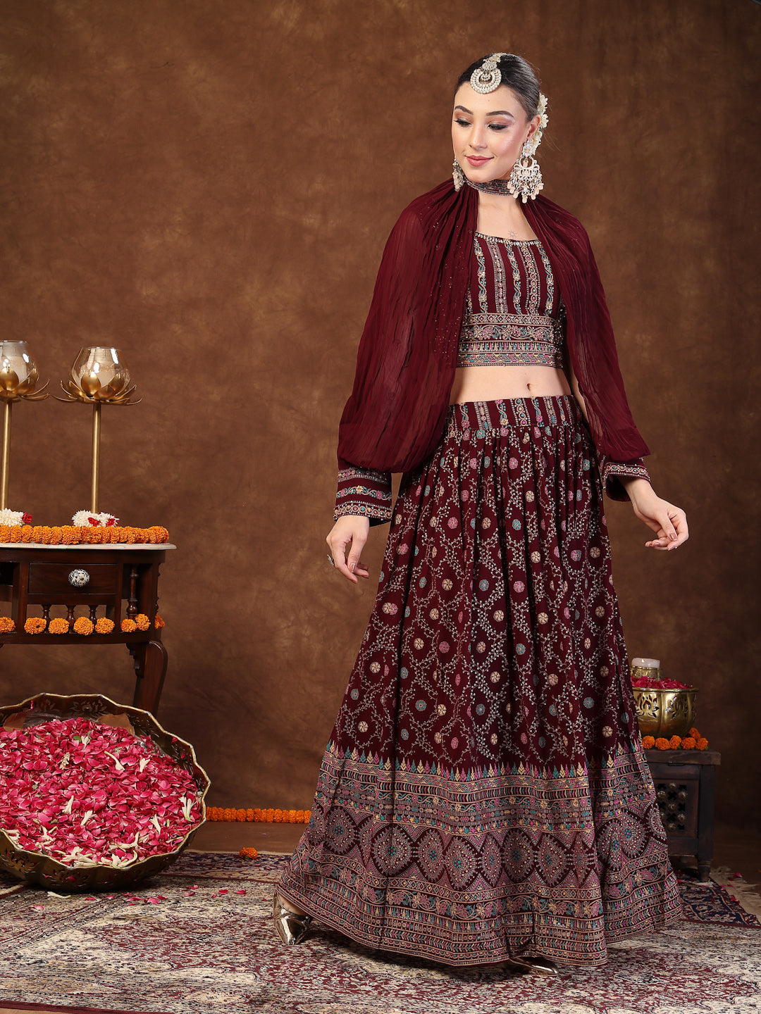 Wine Ethnic Motif Printed Georgette Lehenga &amp; Blouse