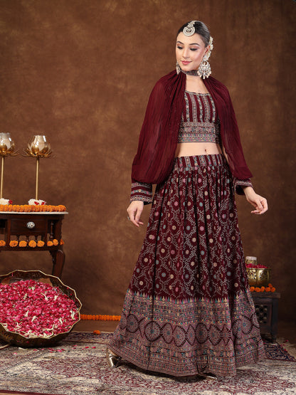 Wine Ethnic Motif Printed Georgette Lehenga & Blouse (Pre-Order)