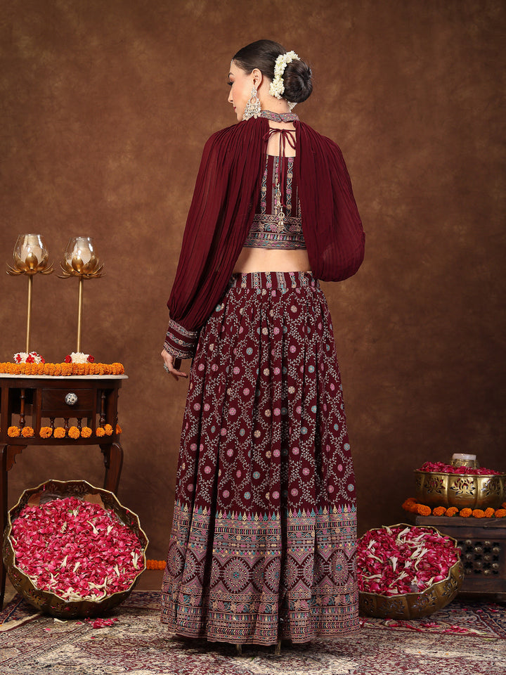Wine Ethnic Motif Printed Georgette Lehenga &amp; Blouse