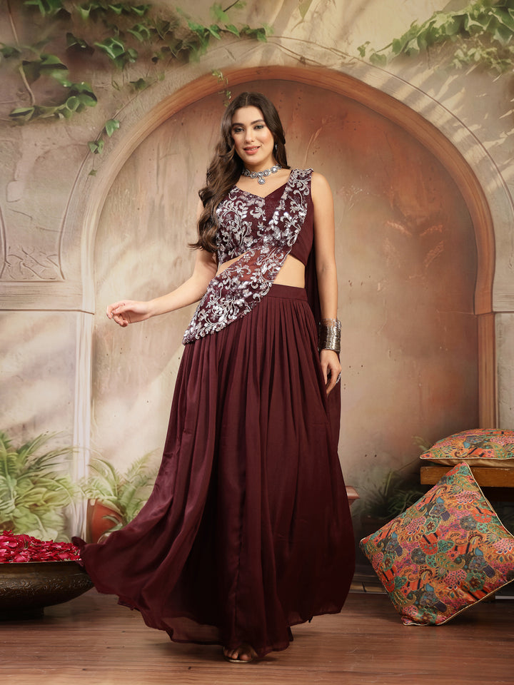 Solid &amp; Embroidered Poly Georgette Lehenga Choli With Drape Dupatta