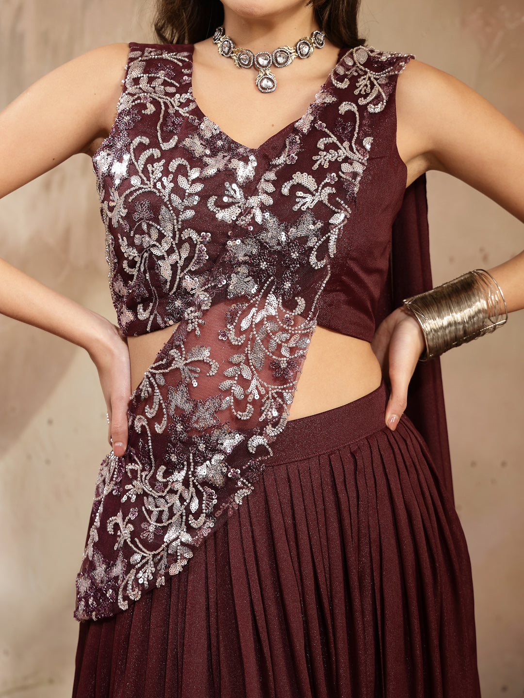 Solid &amp; Embroidered Poly Georgette Lehenga Choli With Drape Dupatta