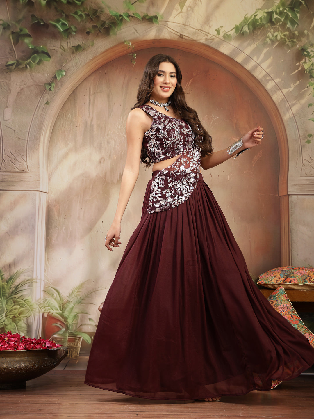 Solid &amp; Embroidered Poly Georgette Lehenga Choli With Drape Dupatta