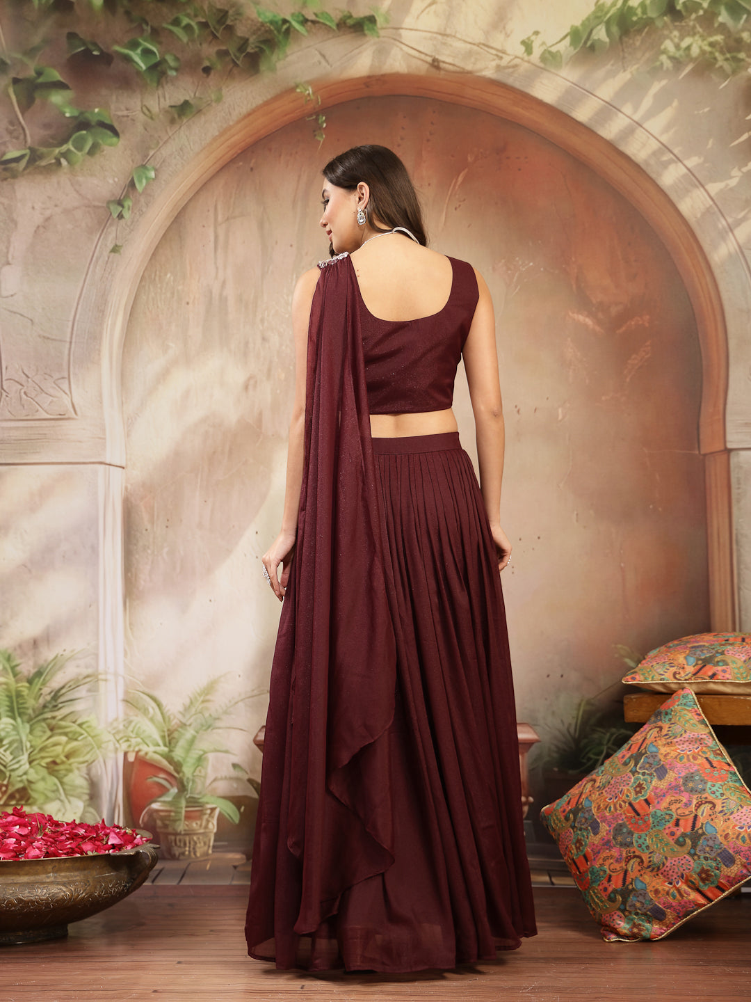 Solid &amp; Embroidered Poly Georgette Lehenga Choli With Drape Dupatta